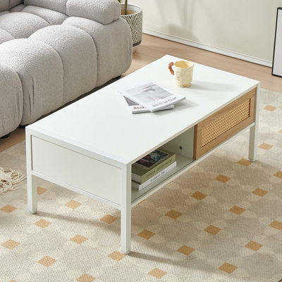 Rattan Coffee table, sliding door for storage, metal legs, Modern table  for living room by Bayou Breeze