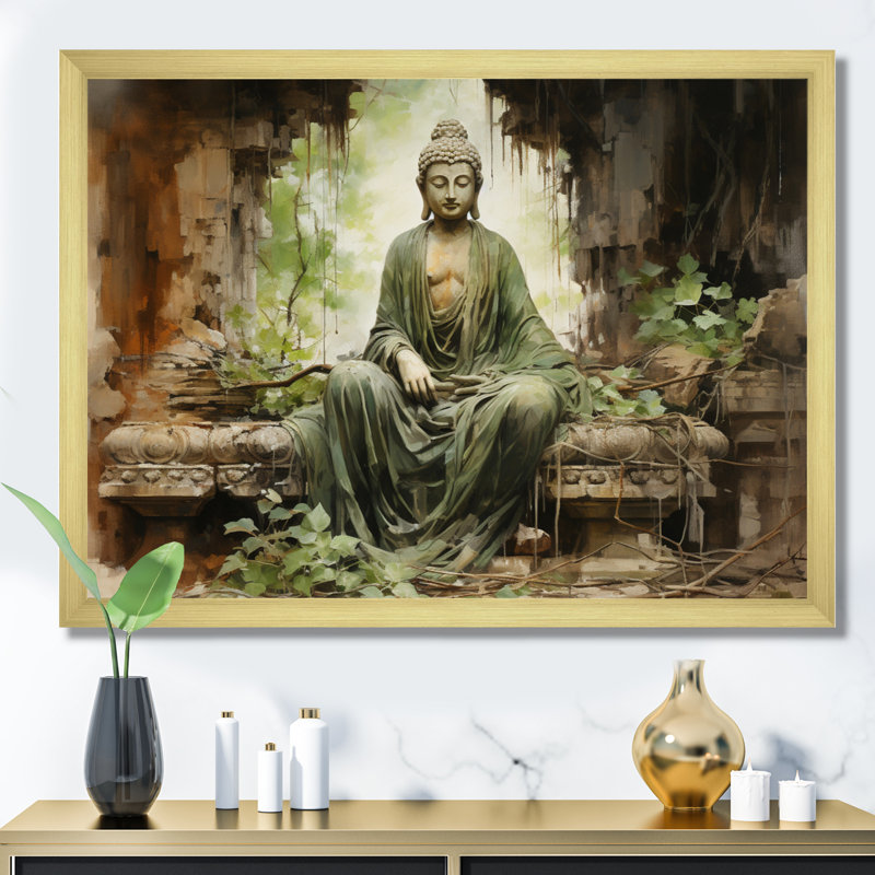 Thailande, ruines de Bouddha, art mural, Cadre doré simple, H 12 po x l 20 po x P 1 po