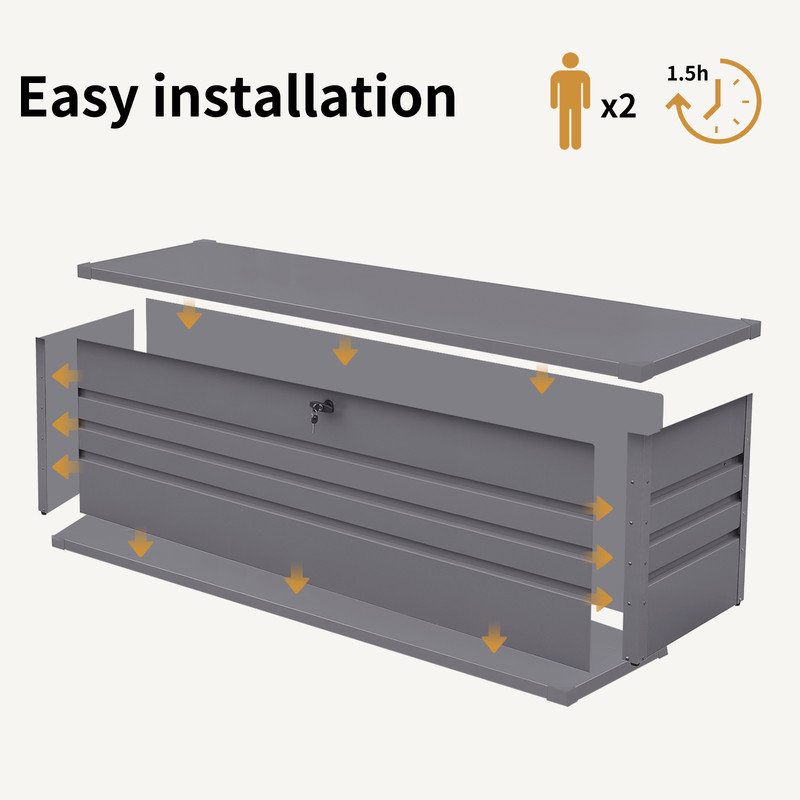 Coffre de terrasse 72,83 po en métal, rangement de patio imperméable 260 gallons avec couvercle verrouillable et sièges supplémentaires pour la cour arrière, gris clair