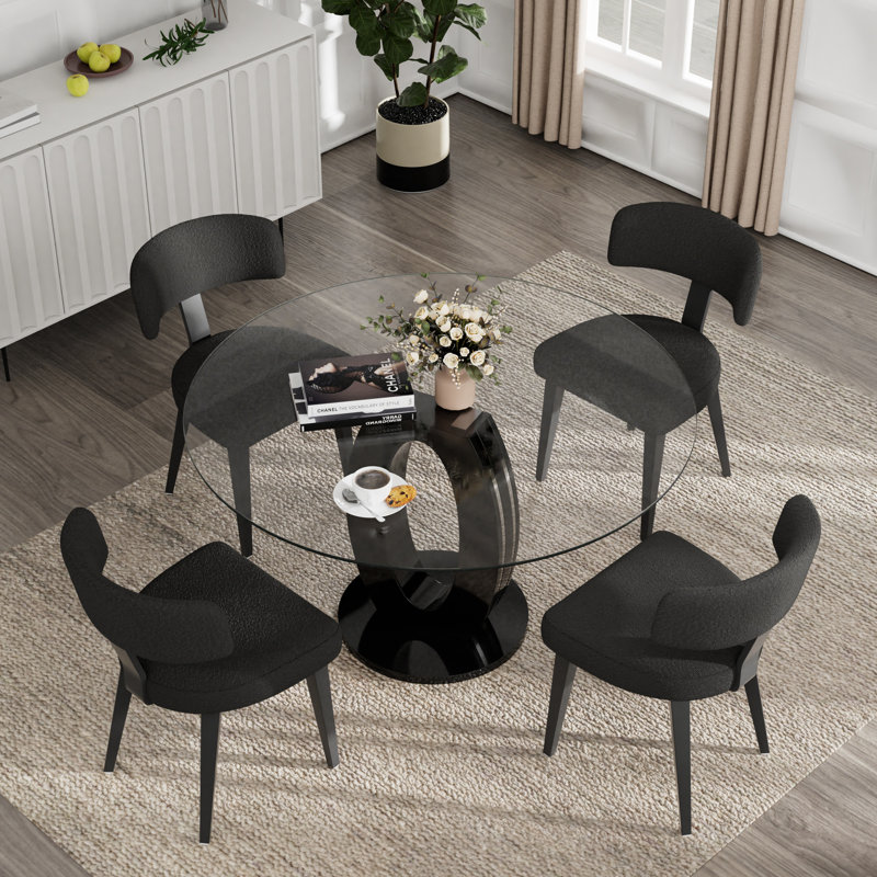 Pedestal Dining Set, 47'' Round Dining Table and Teddy Dining Chairs, 5, Black/Black, Black