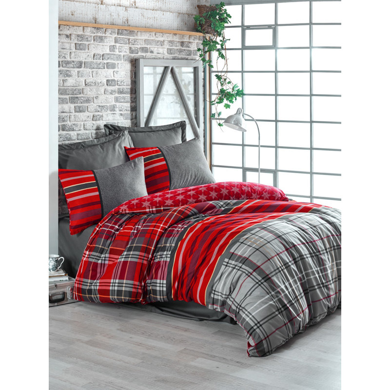 Ensemble de housse de couette 100% coton gris / rouge Ceylon, Housse de couette double + 2 taies d'oreiller 31 p