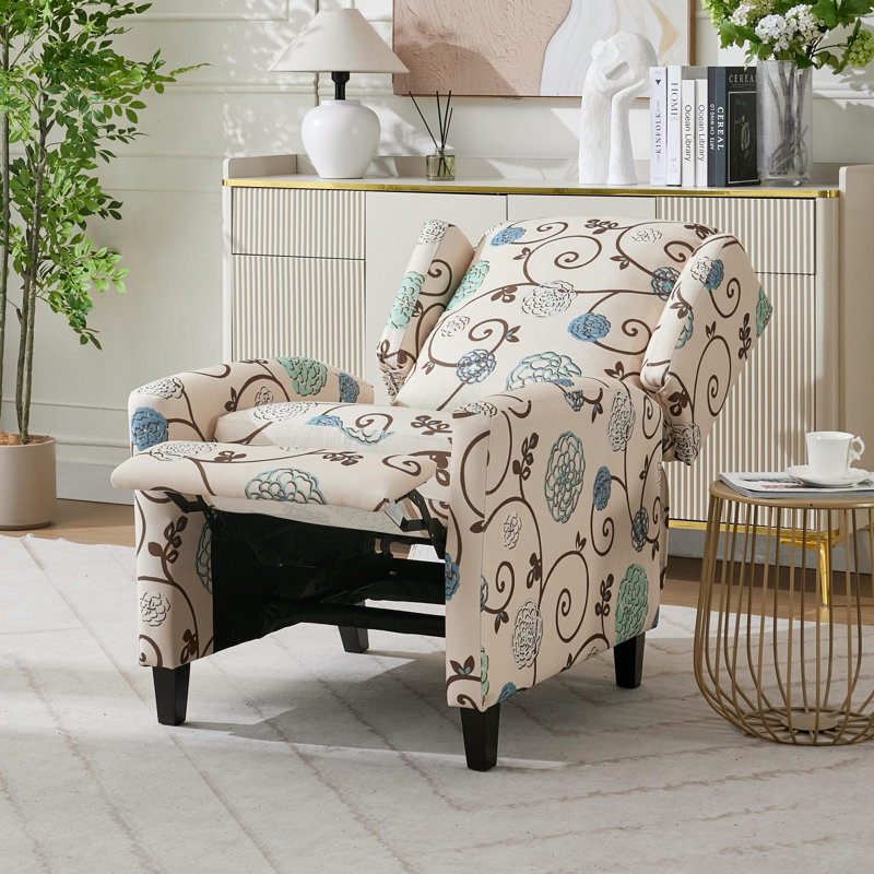 Alida Floral Print Manual Push Back Recliner, Beige