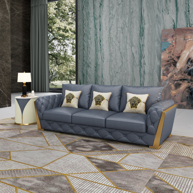Canapé à accoudoirs arrondis en cuir véritable de 87 po Mccampbell, Gris