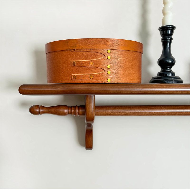 French Retro Kitchen Shelf With Hooks | Solid Cherry Wood Wall Mounted Display Board, 6.69" H x 31.49" W x 6.49" D