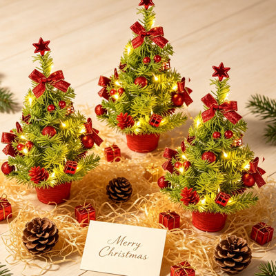 Set of 3 Mini Christmas Trees with Warm LED Lights – 16in Pre-Decorated Desktop Trees with Star Toppers, Ornaments, Bows & Pinecones for Home, Office, Shelf, or Party – Battery Operated, Mess-Free Holiday 3-Pack
