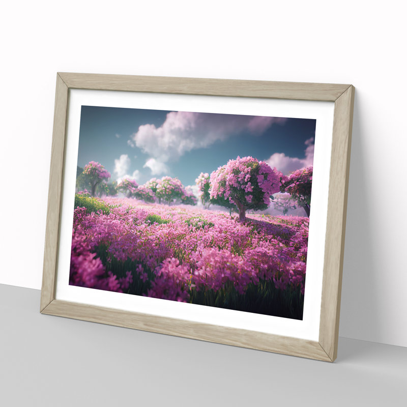 Cherry Blossom Flower Field - Single Picture Frame Print, 25cm H x 34cm W x 2cm D, Oak