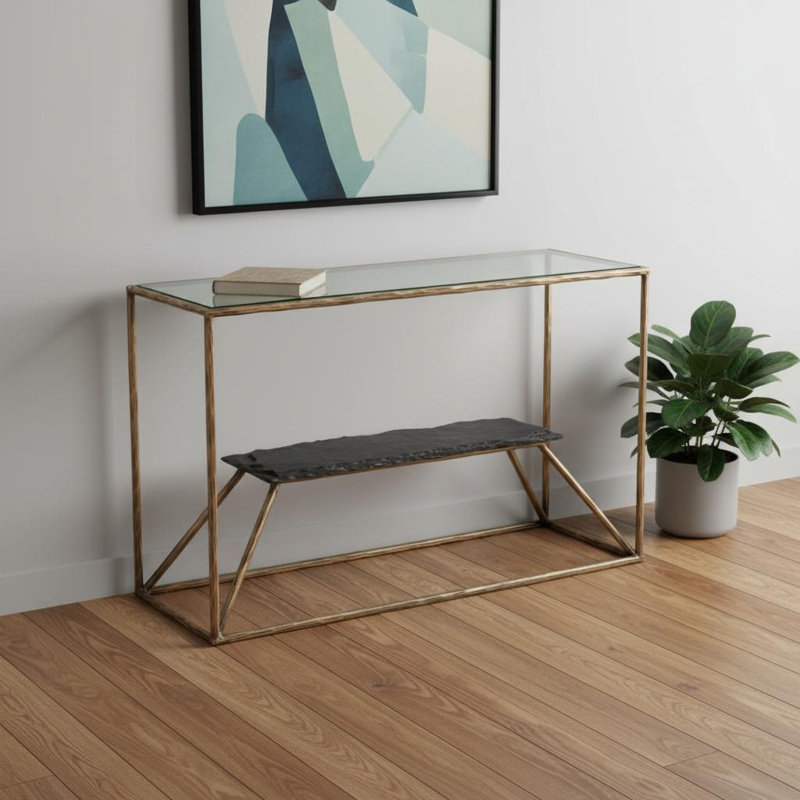 Console 48 po avec tablette en fer et en verre transparent et laiton
