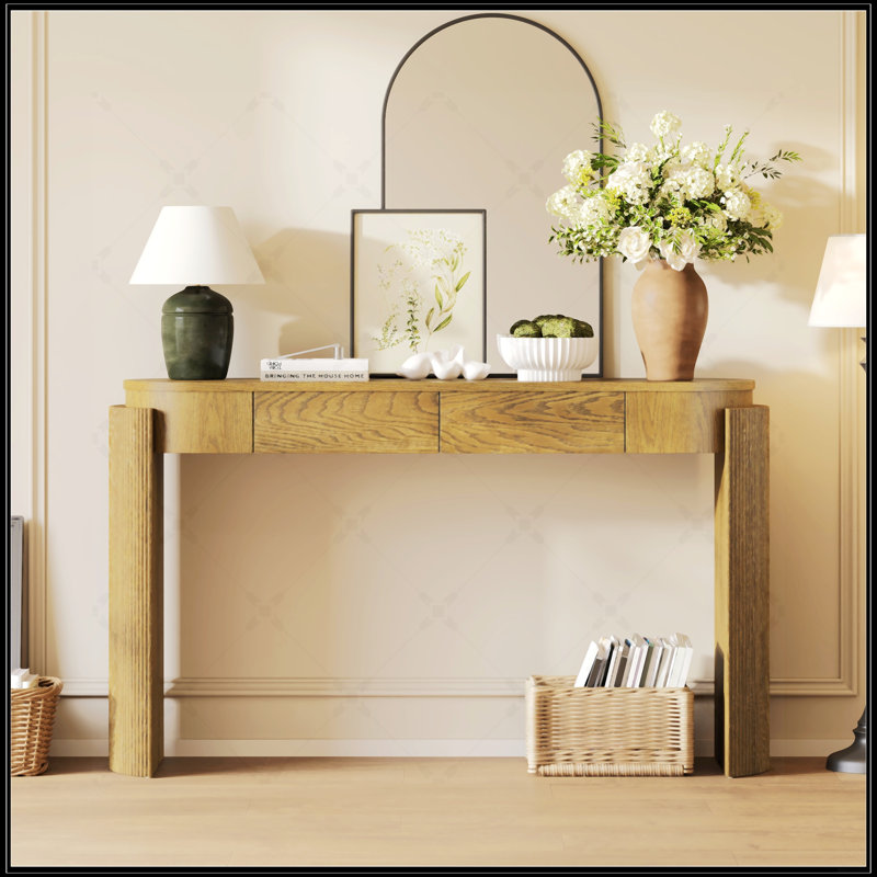 Table d'entrée en grain de bois naturel avec pieds cannelés, plateau ovale et 2 tiroirs pour un rangement et une présentation élégants