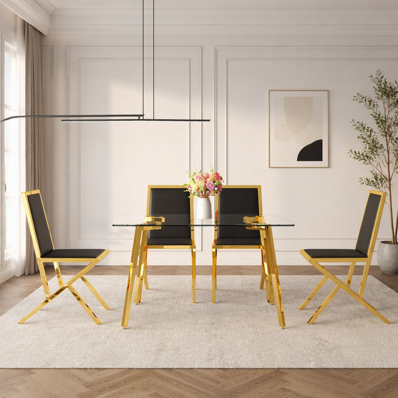 Table de salle à manger moderne en verre trempé de luxe moderne avec 4 chaises en polyuréthane, pour une salle à manger élégante et fonctionnelle