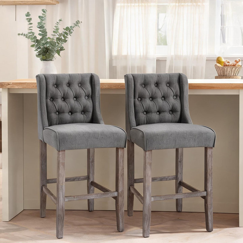Ensemble de 2 tabourets de bar à hauteur de comptoir 26,25 po, capitonnés et sans accoudoirs avec pieds en bois d'hévéa, gris