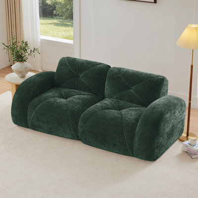 Canapés capitonnés à 2 places avec canapé sans os, tissu en velours doux, conception antidérapante inférieure, éponge haute densité 32D, conception ergonomique inférieure, aucun assemblage requis, convient aux salons, vert