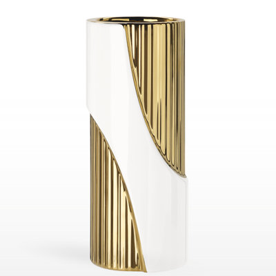 Fluted Arc 10" White and Gold Ceramic Vase