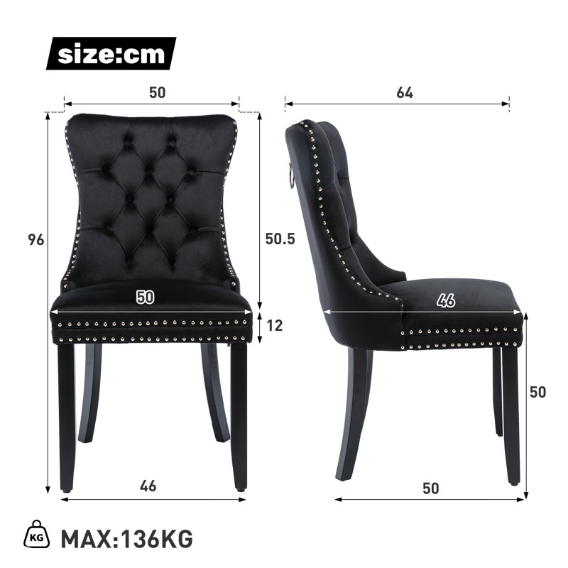 Miya Upholstered Velvet Dining Chair Button Tufted with Brushed Wood Legs Kitchen Lounge Chairs, 2, Black, Black