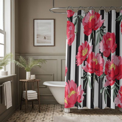 Pivoine et rayures - Rideau de douche standard 1 pièce