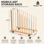 Étagère de séchage et de rangement d'art en bois à 7 couches avec roulettes verrouillables, organisateur de toile de plancher pour la présentation de la galerie de studio, finition en bois naturel