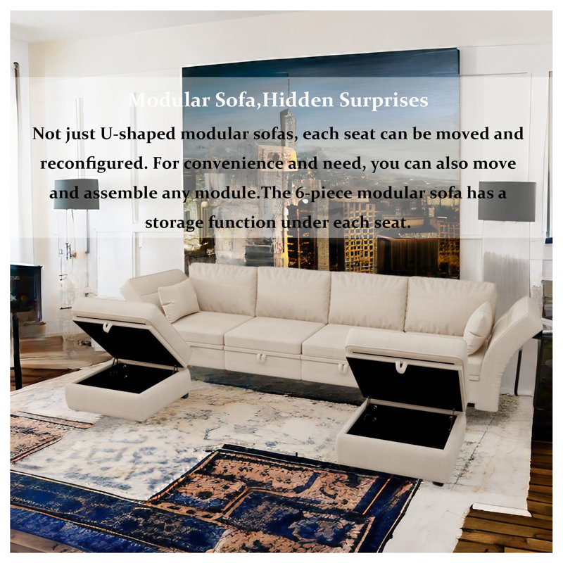 Upholstered U-Shaped Sectional Symmetrical, Beige Linen Blend