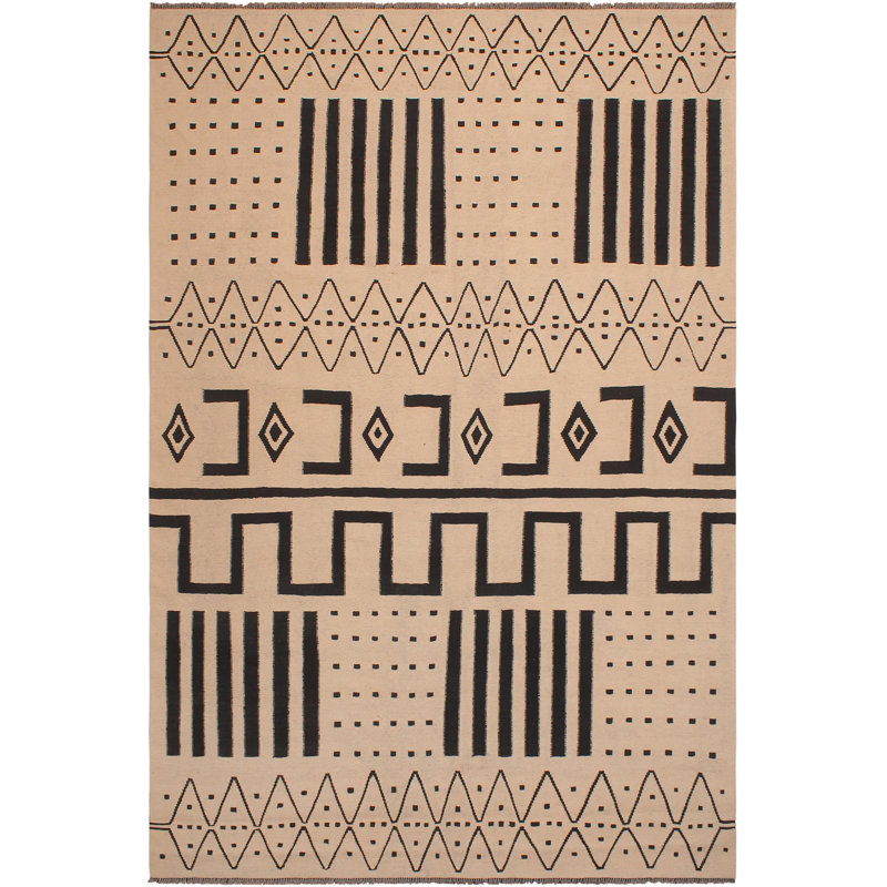 Tapis beige / noir en laine tissé à la main rectangulaire de 8 pi 4 po x 9 pi 6 po Cedorah