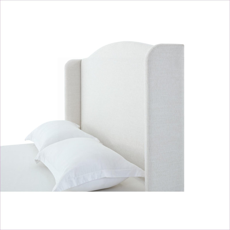 Linen Beige King Size Upholstered Wingback Platform Bed, Minimalist Style, 54 Inch Tall Camelback Headboard, Textured Upholstery