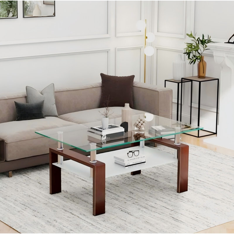 Nansi Glass Coffee Table, Living Room Table and Center table with 2-Tier Storage Shelves, Modern Design with Metal Legs