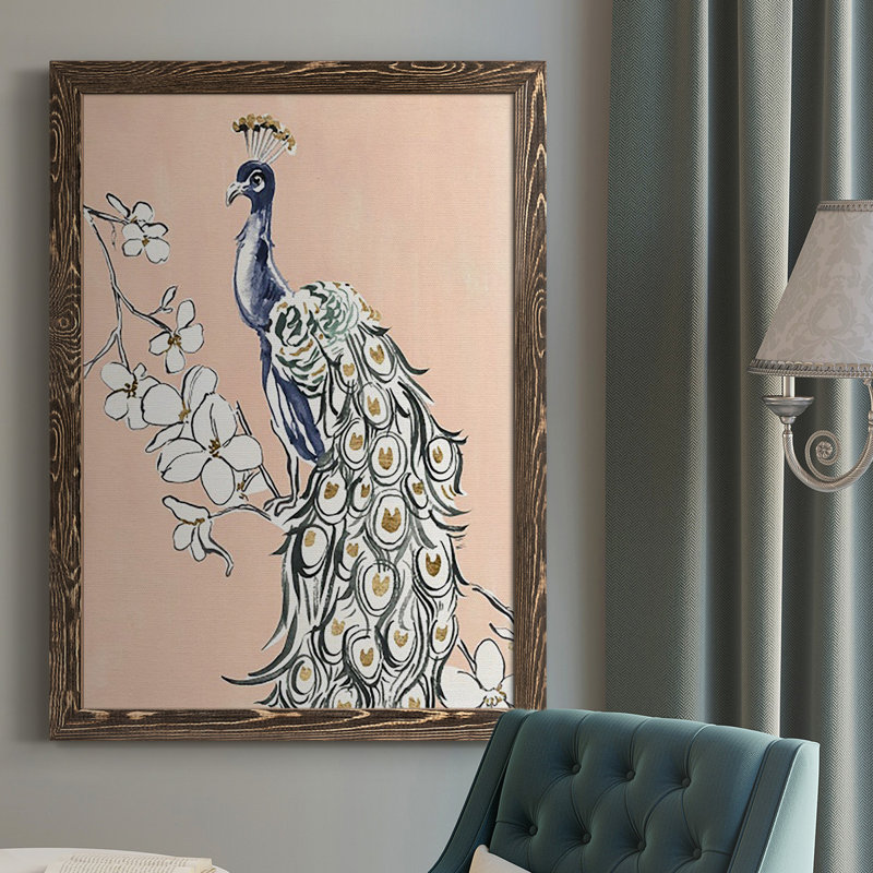«Peacock in Gold IV», reproduction d'art sur toile simple, H 37,5 po x l 27,5 po x P 1 po, Cadre noyer