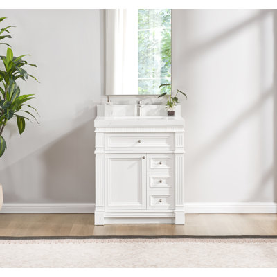 30 po Bellville X P 22 po P 35 po Meuble-lavabo autoportant H blanc mat avec plateau en quartz Calacatta