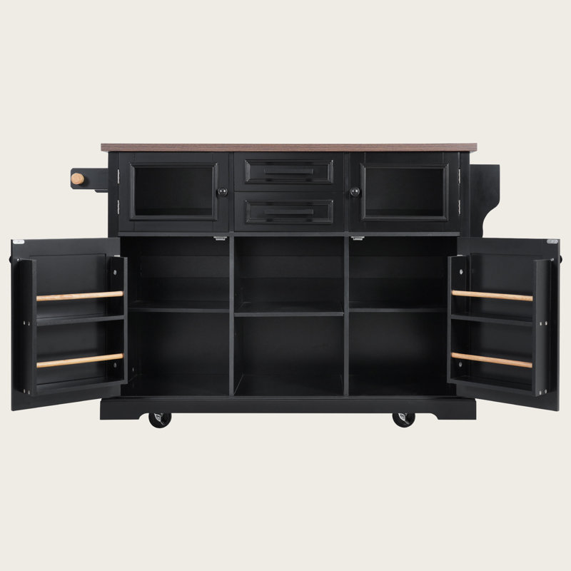 Timeless Kitchen Island With Drop Leaf & Power Outlet – Versatile Kitchen Storage Cart With 4 Door Shelves, Cross Barn Doors & Visual Glass Door On Rolling Wheels