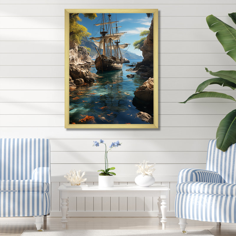 Bateau pirate tropical caché sur toile, Encadrement doré, H 32 po x l 16 po x P 1 po