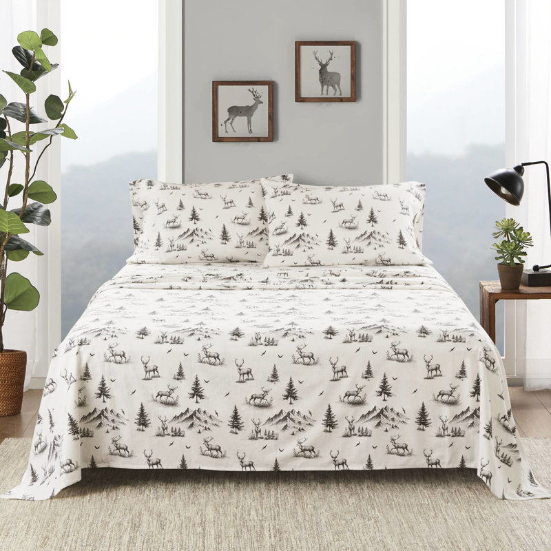 4 pièces en velours de cerf gris 100% flanelle de coton doux pour lit simple / double jusqu'à 12 po de profondeur / très grand / 14 po de profondeur avec 2 taies d'oreiller élastiques lavables à la machine - pas de mauvais drap pour matelas