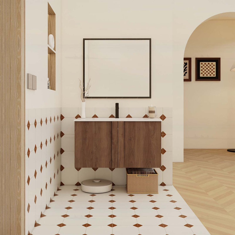 Meuble-lavabo flottant avec lavabo, portes à fermeture douce et rangement spacieux, Brun ébène / blanc brillant