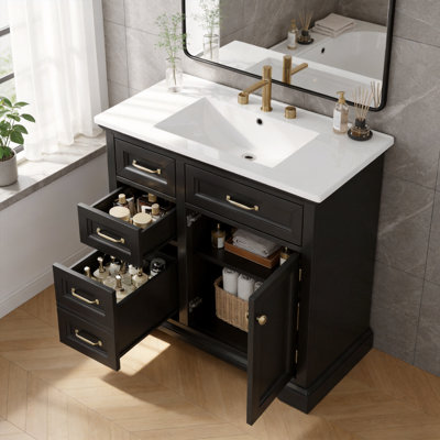 Meuble-lavabo noir 36 po avec comptoir en céramique 36 po, armoire de rangement autoportante à 4 tiroirs et porte à fermeture en douceur, meuble-lavabo simple moderne avec poignées en métal, pré-percé pour robinet de 8 po