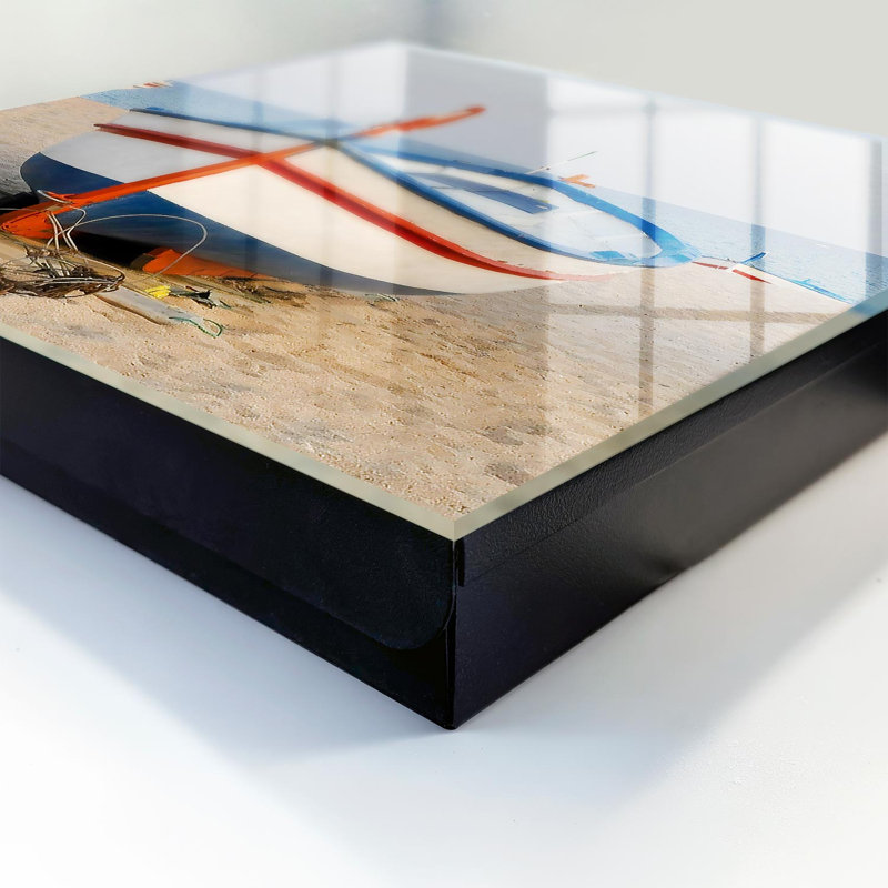 Wall mounted key box, Opens to the right, 30x30x5, Black, A boat on the beach in the sunshine, 