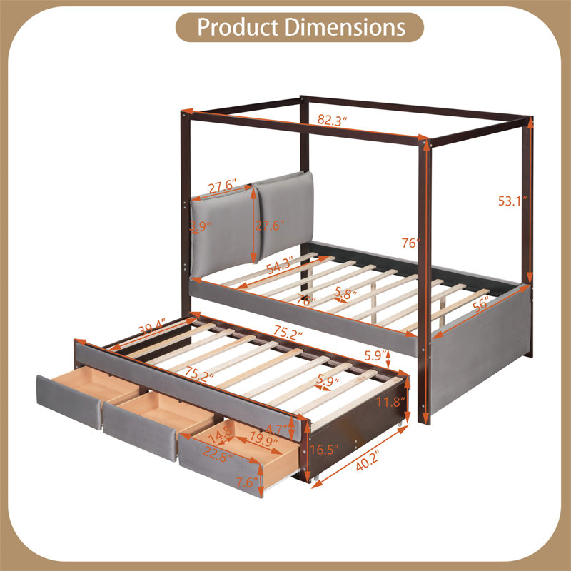 Upholstered Canopy Storage Bed, Gray