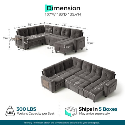  Benett 107'' Upholstered Tufted Modular Corner Sectionals with Pull-out Sofa Bed, Storage Chaise & Side Table
