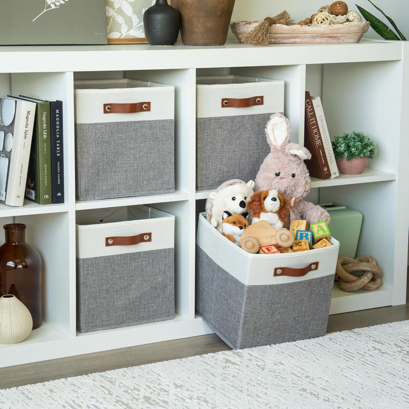 Paquet de 4 cubes de rangement en toile pliables de 11 po x 11 po x 11 po, bacs pliables en tissu de lin avec poignées, paniers de rangement cubiques compatibles avec les tablettes Kallax pour l'organisation à la maison