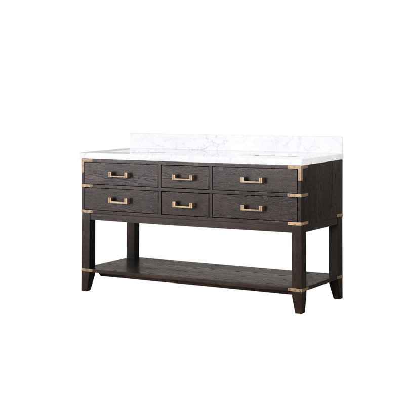 Meuble-lavabo double en chêne brun 60 po X P 22 po D, avec plateau en marbre de Carrare, 60", Chêne brun