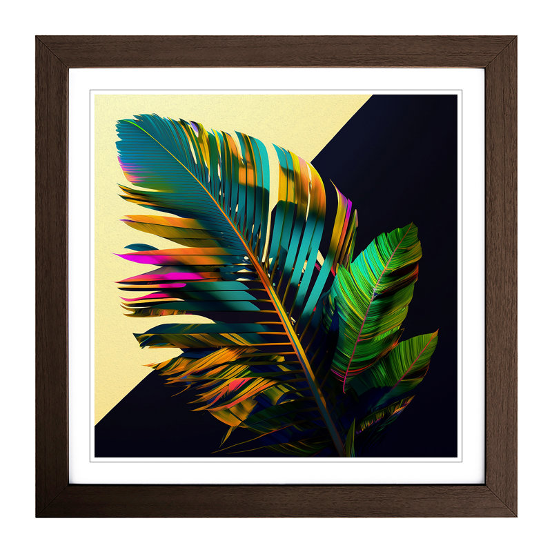 Palm Leaf Glitch Art No.1 - Single Picture Frame Print on Wood, Walnut