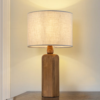 22'' Traditional Farmhouse Natural Solid Wood Table Lamp With Beige Fabric Drum Shade For Bedroom Living Room