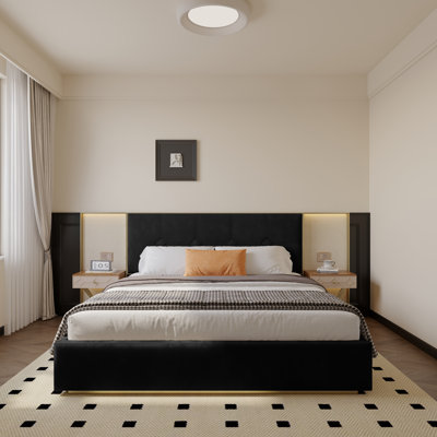 Velvet Upholstered Platform Bed With Metal-Framed Headboard, Dual Wall Lamps And Bedside Tables, No Box Spring Needed