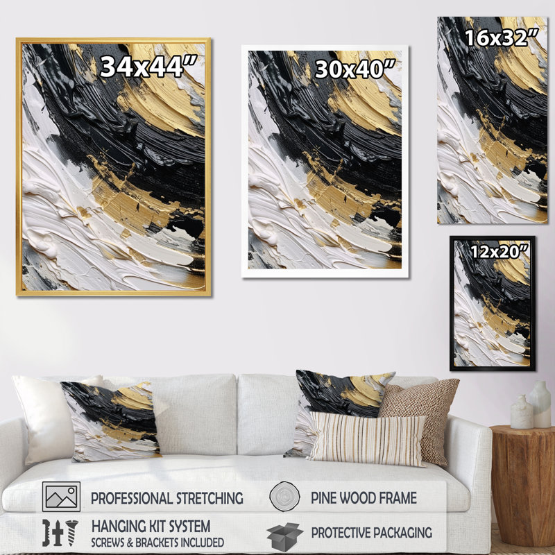 Gold Black Spiral Illusions II - Abstract Spirals Wall Art Prints, Black Single Picture Framed, 40" H x 30" W x 1.5" D