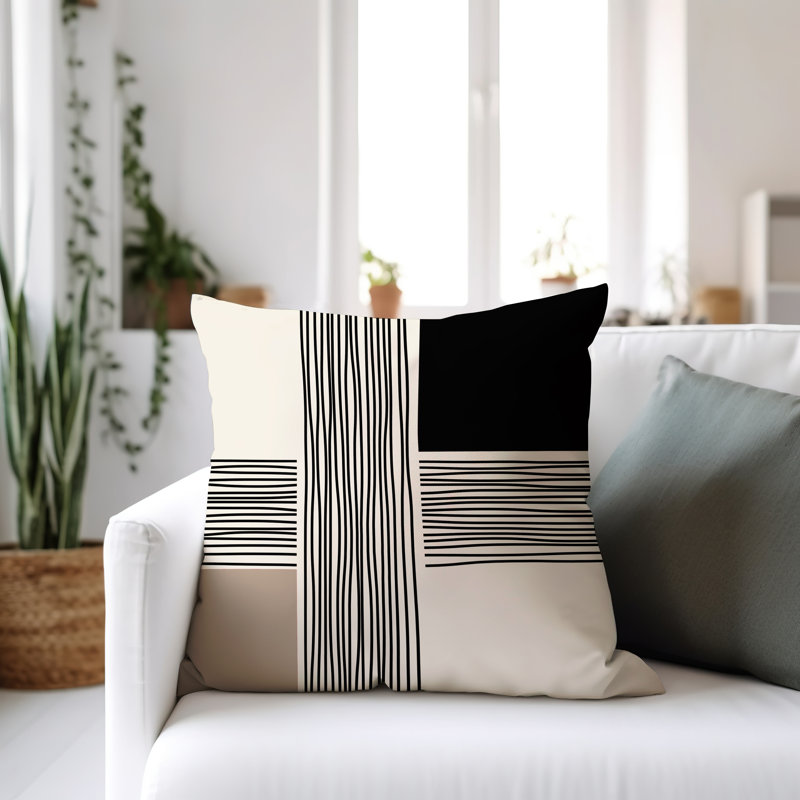 Cassie Abstract Outdoor Reversible Throw Pillow, 15"H x 15"W, Beige/Cream/Black