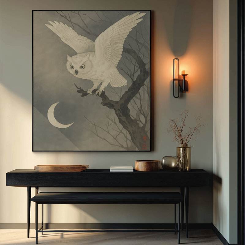 «Snowy White Owl and Crescent Moon Night», reproduction d'art sur toile encadrée - Très grand art mural encadré (assemblage requis)