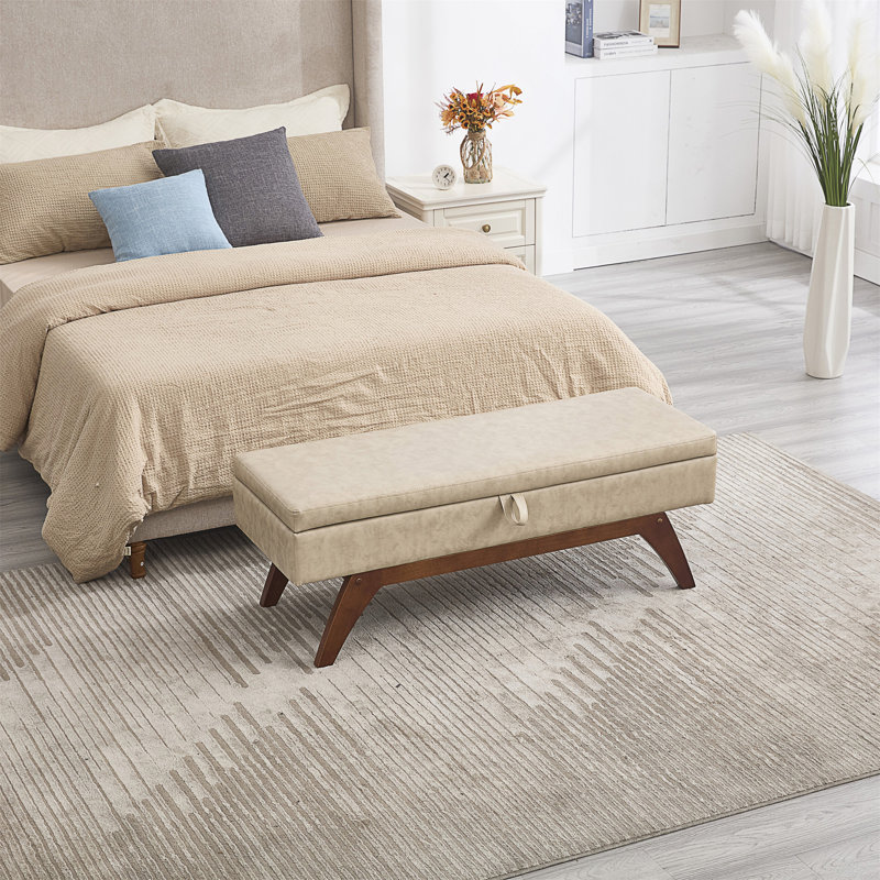 Banc de rangement moderne avec pieds en bois massif, parfait pour le bout du lit ou le vestibule, Similicuir chameau