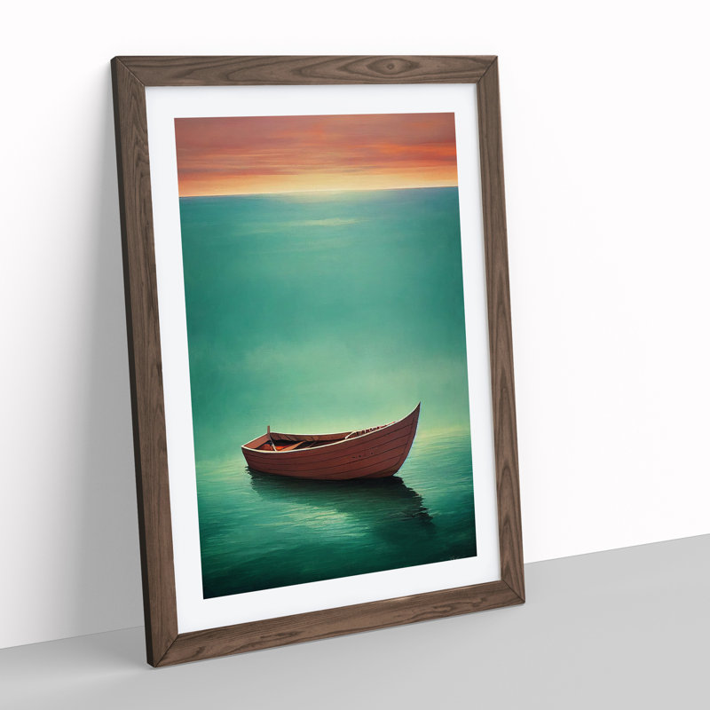 Wooden Boat On The Ocean - Single Picture Frame Print, 64cm H x 46cm W x 2cm D, Walnut Framed