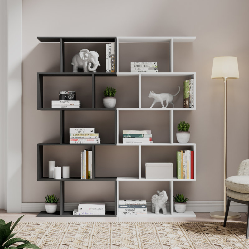 62.6" H Geometric Bookcase 5 Tier S-Shaped Room Divider Bookshelf, Black/White