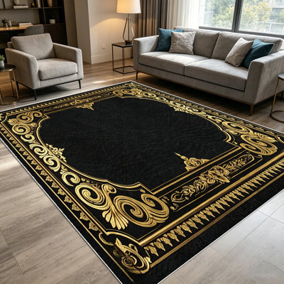 1PC Vintage Baroque Gold Ornate Filigree Black area rugs for Living Room, Soft and Comfortable, Suitable for all seasons, easy-to-maintain, machine washable Indoor floor mat, Under Table Farmhouse suitable for dining table, bedroom, kitchen entryway,