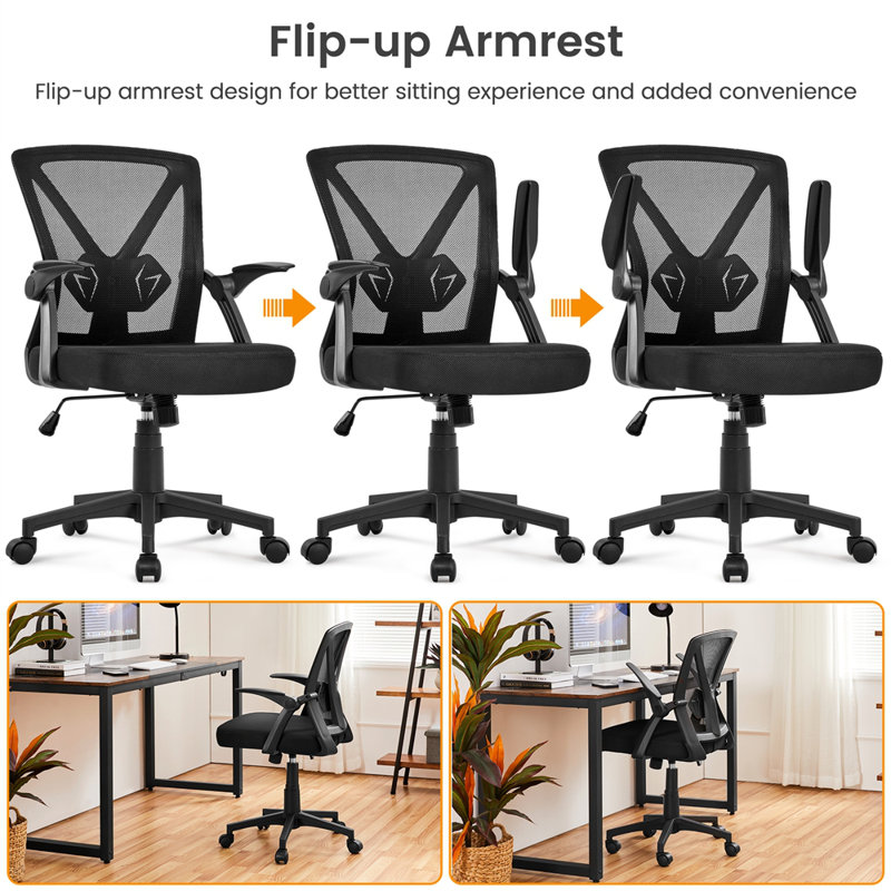 Mesh Desk Chair with Flip-up Armrest, Black/Black