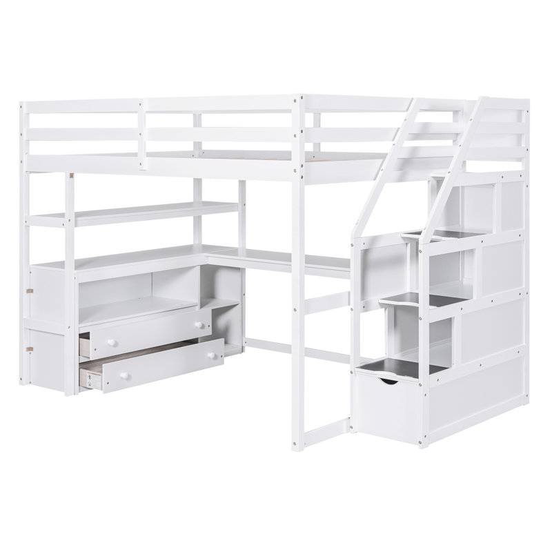 Lurelle Rustic Loft Bed With Desk, Shelves, And Sturdy Pine Frame, Full, White