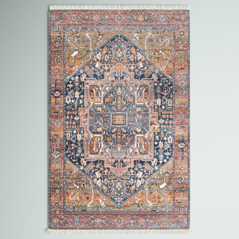 Tapis oriental traditionnel rouille, brique et bleu marine à motif de médaillon Windmere, Ovale 5 pi x 8 pi
