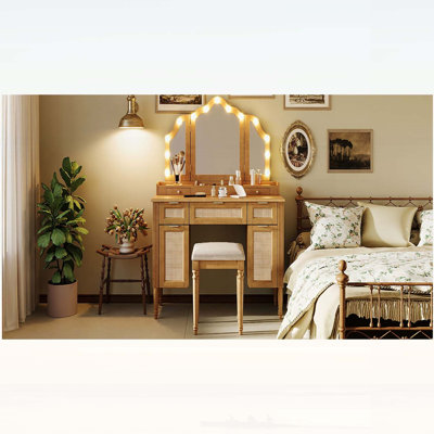 Meuble-lavabo de 44,37 pouces avec tabouret, 13 ampoules Hollywood, 3 modes d'éclairage, miroir à trois volets, beaucoup de rangement et station de charge