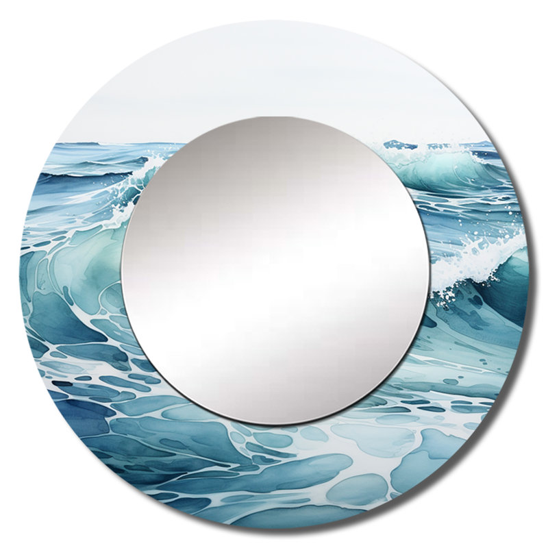 Teal Minimalism Tranquil Waters - Minimalism Large Wall Mirror, Coastal Round Decorative Mirror, Printed Metal Art, 23" x 23"